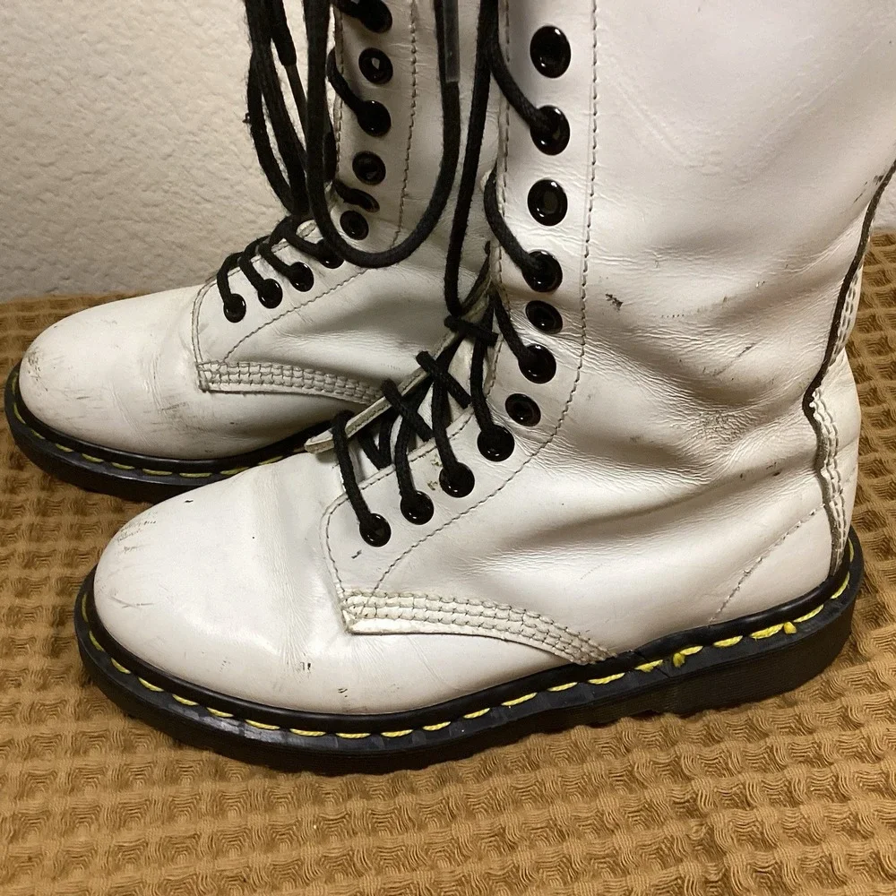 Vtg Dr Martens Knee Boots Women's Sz US 5 White 20 Eye Tall Leather England Made